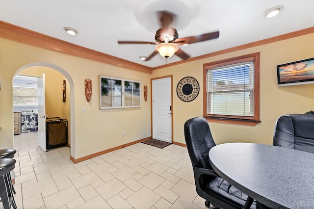 5725 Basil Dr, West Palm Beach, FL 33415 - office space with arched walkways, plenty of natural light, ceiling fan, baseboards, and crown molding