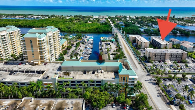 aerial view featuring a water view