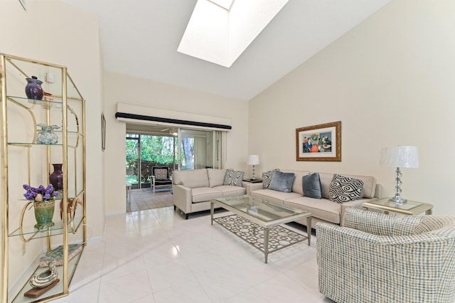 6040 Waldwick Cir, Delray Beach, FL 33484 - living room with high vaulted ceiling, baseboards, and a skylight
