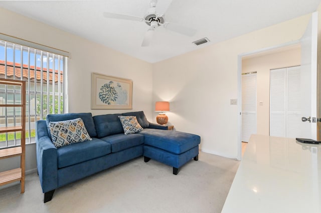 6040 Waldwick Cir, Delray Beach, FL 33484 - living room with visible vents, baseboards, a ceiling fan, and light carpet