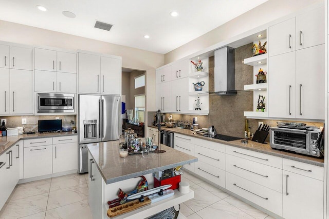 12797 Cariboo Ridge Rd, Boynton Beach, FL 33473 - kitchen with open shelves, stainless steel appliances, wall chimney range hood, light marble finish floors, and recessed lighting