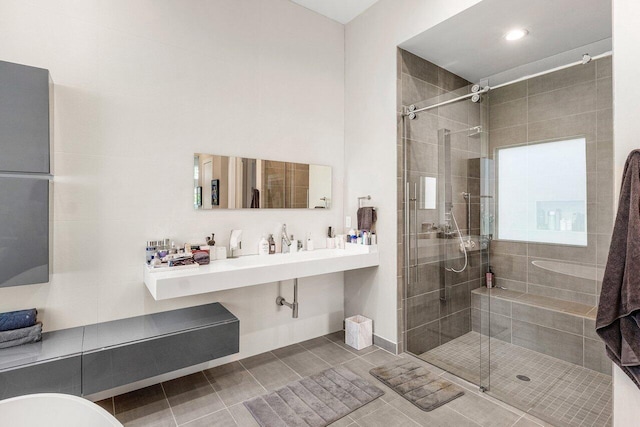 12797 Cariboo Ridge Rd, Boynton Beach, FL 33473 - full bathroom featuring a shower stall, tile patterned flooring, and recessed lighting