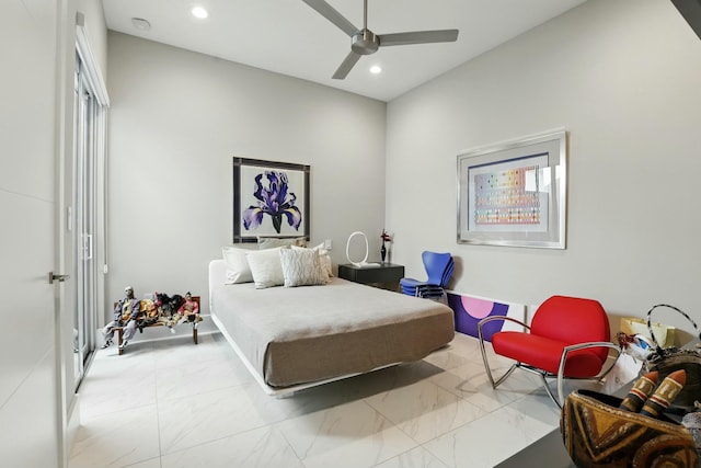 bedroom featuring marble finish floor, recessed lighting, and ceiling fan