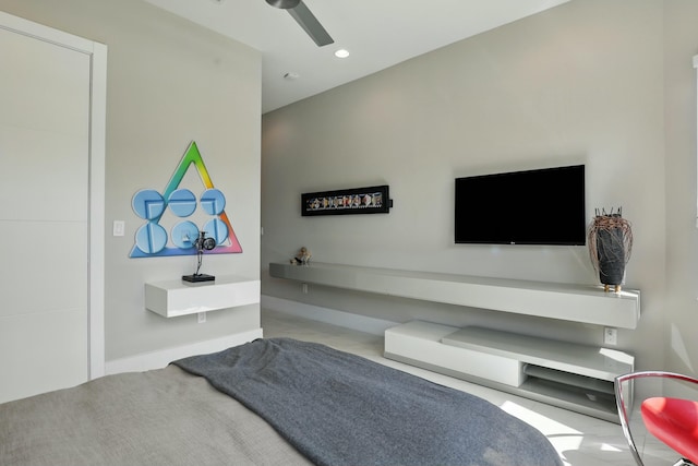 bedroom with ceiling fan and recessed lighting
