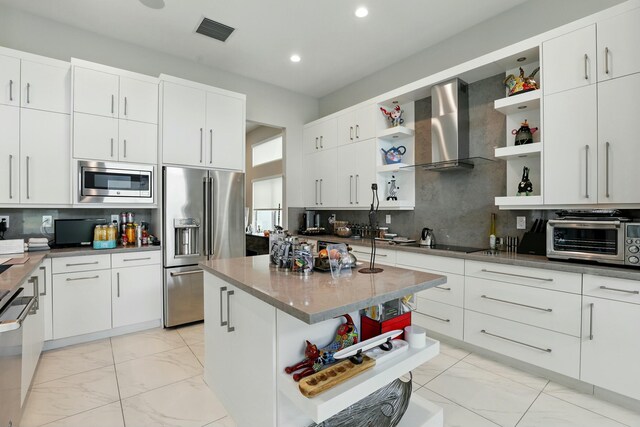 12797 Cariboo Ridge Rd, Boynton Beach, FL 33473 - kitchen with open shelves, wall chimney exhaust hood, light marble finish floors, and recessed lighting