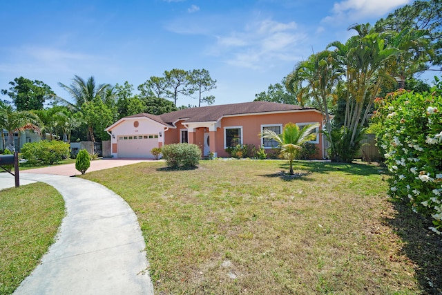 116 Churchill Dr, Royal Palm Beach, FL 33411 - view of front of house with concrete driveway, a front lawn, an attached garage, fence, and stucco siding