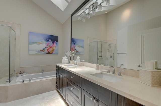 full bathroom featuring high vaulted ceiling, a garden tub, a sink, and a stall shower