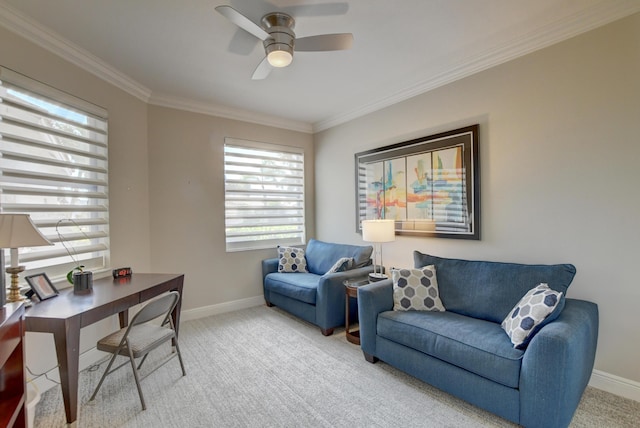 office with baseboards, a ceiling fan, ornamental molding, and light colored carpet