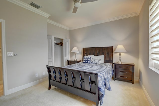 bedroom with a ceiling fan, crown molding, light colored carpet, baseboards, and visible vents