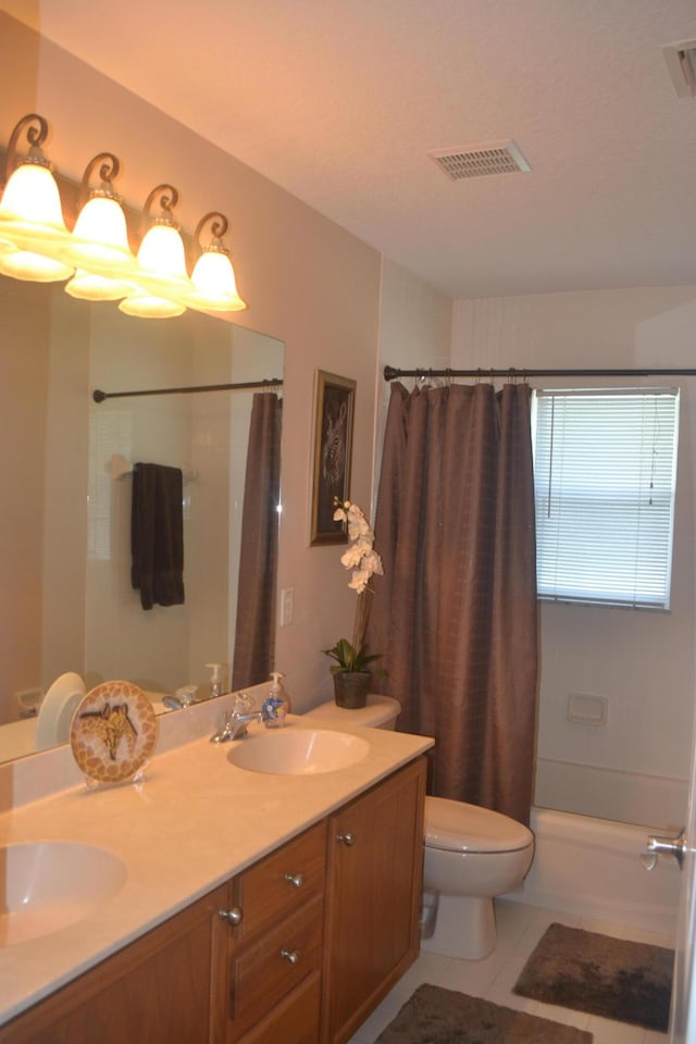 17768 Temple Blvd, Loxahatchee, FL 33470 - bathroom with double vanity, toilet, shower / bath combination with curtain, and tile patterned flooring