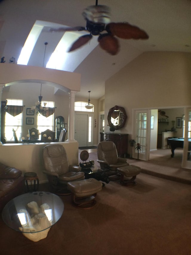 17768 Temple Blvd, Loxahatchee, FL 33470 - carpeted living room with decorative columns, high vaulted ceiling, ceiling fan, and pool table