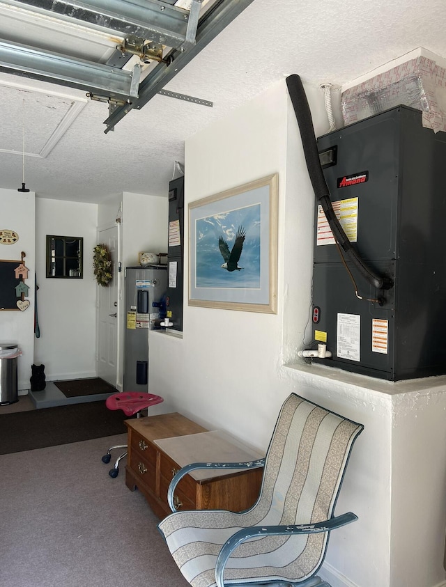 17768 Temple Blvd, Loxahatchee, FL 33470 - living area with attic access, carpet, heating unit, and a textured ceiling