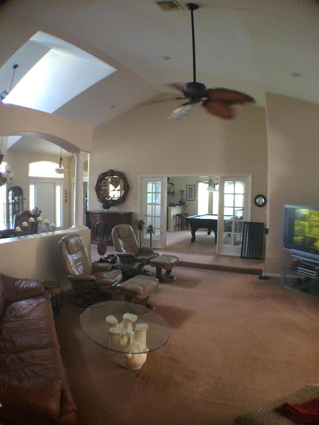17768 Temple Blvd, Loxahatchee, FL 33470 - carpeted living area featuring decorative columns, ceiling fan, healthy amount of natural light, pool table, and high vaulted ceiling