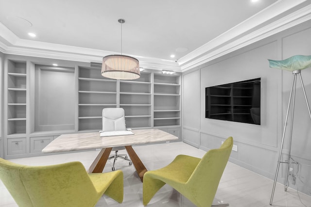 dining space featuring built in features, recessed lighting, a decorative wall, and crown molding