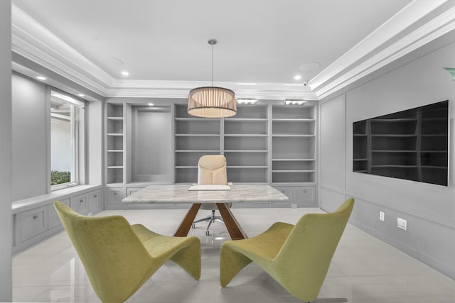 dining space with recessed lighting, crown molding, and built in features