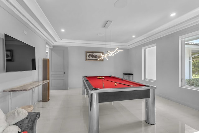 playroom with ornamental molding, pool table, and a raised ceiling