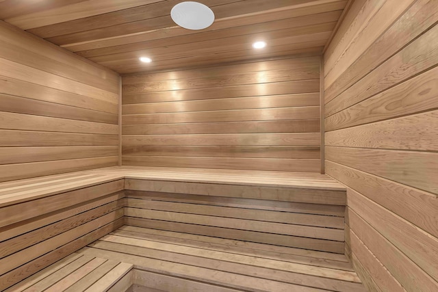 view of sauna featuring recessed lighting