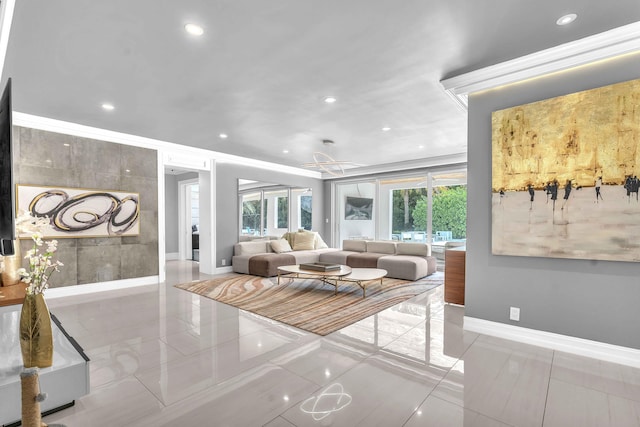 living area with baseboards and recessed lighting