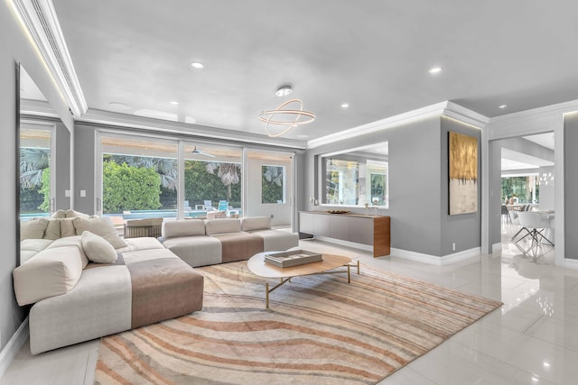 interior space featuring recessed lighting, baseboards, ornamental molding, and a wealth of natural light