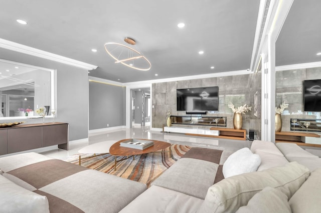 living area with baseboards, ornamental molding, and recessed lighting