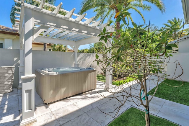 view of patio with a pergola, a hot tub, cooling unit, and fence