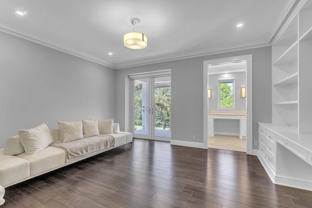 living area featuring baseboards, crown molding, french doors, and dark wood-style floors