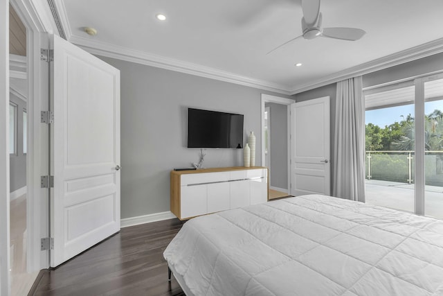 bedroom featuring baseboards, ornamental molding, dark wood-type flooring, and recessed lighting