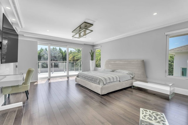 bedroom featuring recessed lighting, wood finished floors, ornamental molding, and access to outside