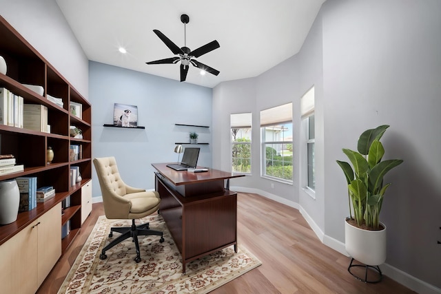 office area with recessed lighting, ceiling fan, baseboards, and light wood-style floors