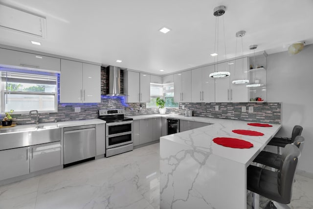 kitchen with backsplash, a sink, wall chimney exhaust hood, a peninsula, and appliances with stainless steel finishes