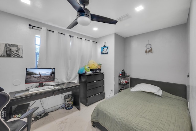 bedroom featuring marble finish floor, a ceiling fan, visible vents, and recessed lighting