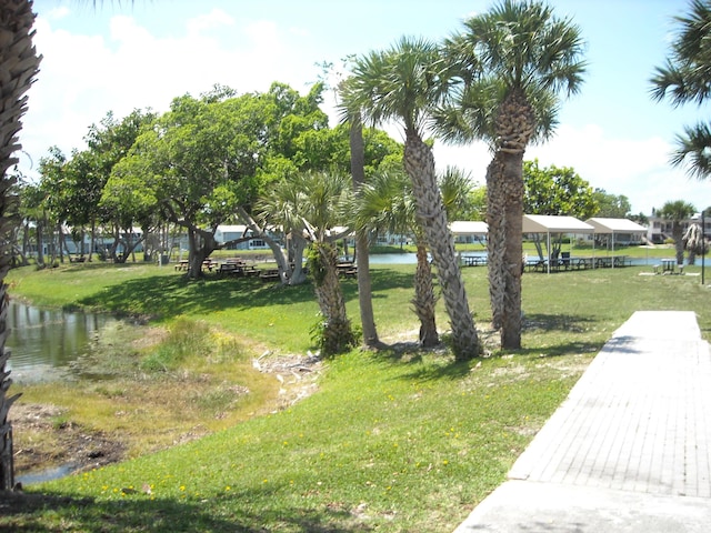 surrounding community featuring a water view and a lawn