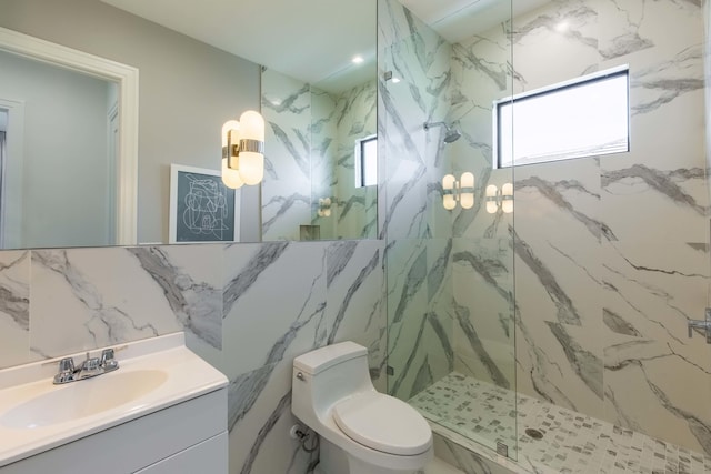 bathroom featuring plenty of natural light, toilet, tile walls, and a marble finish shower