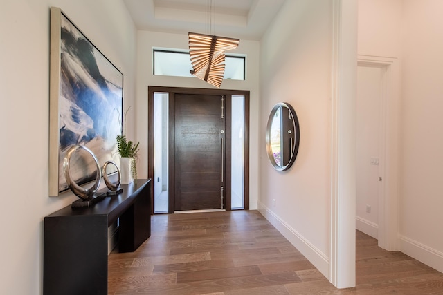 entryway with a raised ceiling, wood finished floors, and baseboards