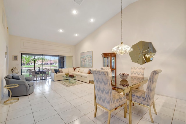 dining space with recessed lighting, a chandelier, light tile patterned flooring, high vaulted ceiling, and visible vents