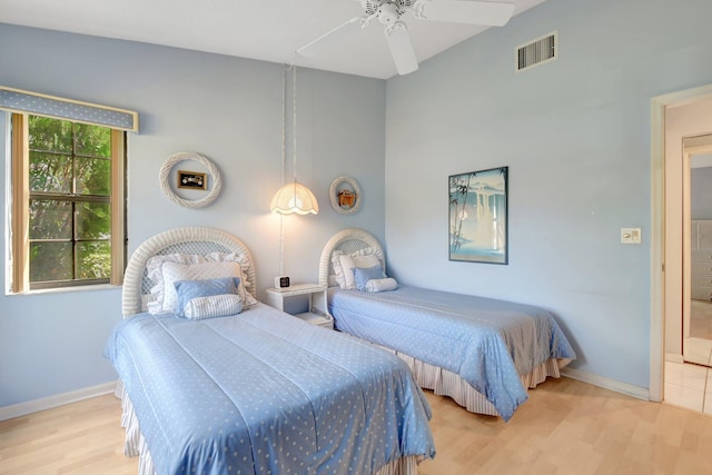 bedroom with visible vents, ceiling fan, light wood-style flooring, and baseboards