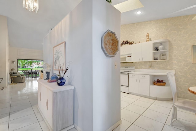 corridor featuring light tile patterned floors, recessed lighting, wallpapered walls, and baseboards