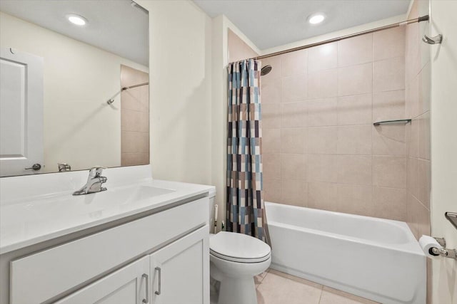 bathroom featuring toilet, shower / bath combo with shower curtain, tile patterned flooring, vanity, and recessed lighting