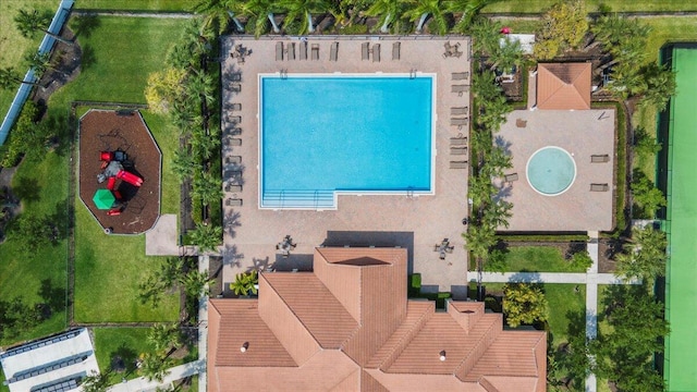 aerial view of a pool area