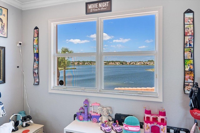 1018 NW Demedici Rd, Port Saint Lucie, FL 34986 - game room featuring ornamental molding, healthy amount of natural light, and a water view