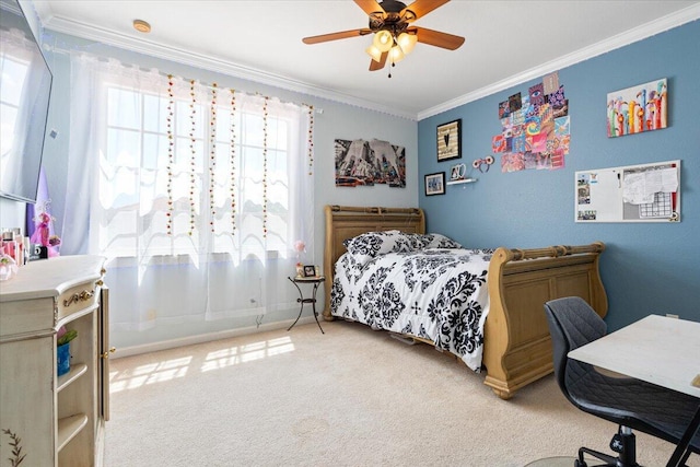 1018 NW Demedici Rd, Port Saint Lucie, FL 34986 - bedroom with ornamental molding, light carpet, a ceiling fan, and baseboards