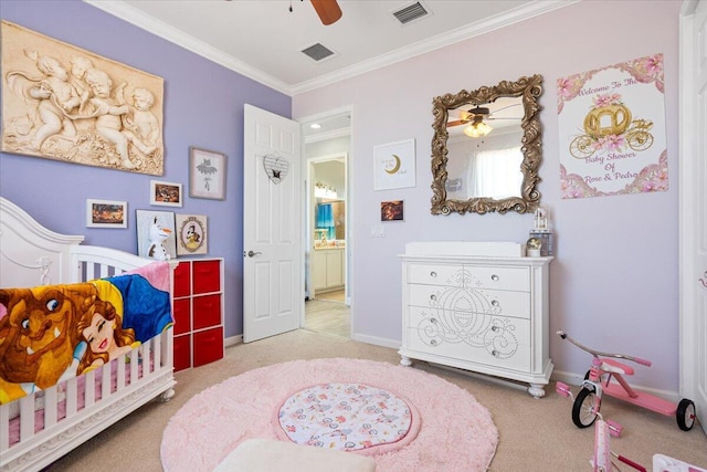 1018 NW Demedici Rd, Port Saint Lucie, FL 34986 - bedroom featuring carpet, ornamental molding, baseboards, and a ceiling fan