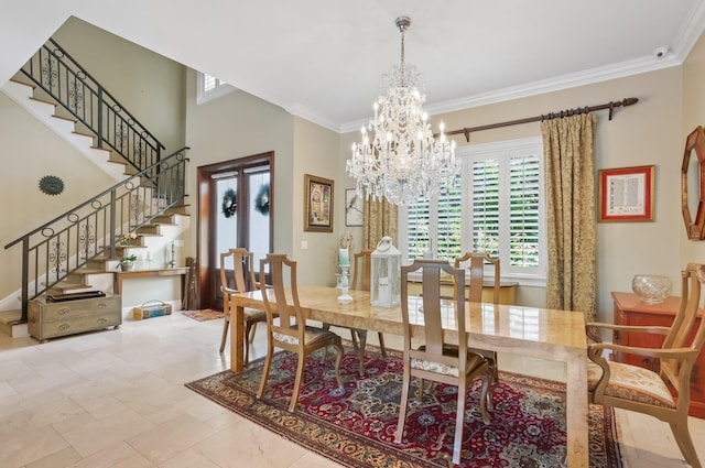 2409 NE 12th St, Fort Lauderdale, FL 33304 - dining room featuring a chandelier, stairs, and ornamental molding