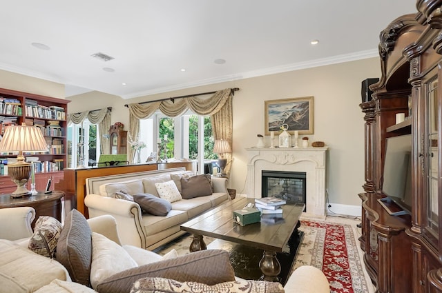 2409 NE 12th St, Fort Lauderdale, FL 33304 - living area with crown molding, a fireplace, baseboards, visible vents, and recessed lighting