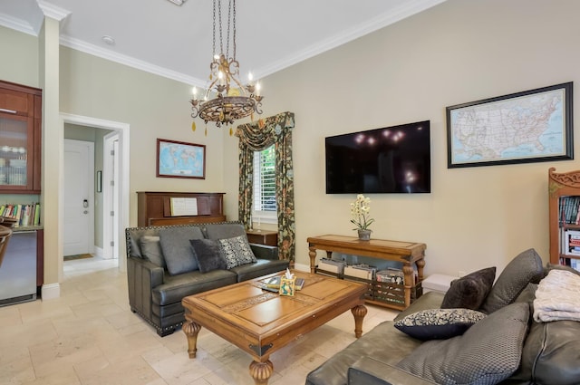 2409 NE 12th St, Fort Lauderdale, FL 33304 - living area featuring baseboards, ornamental molding, and an inviting chandelier