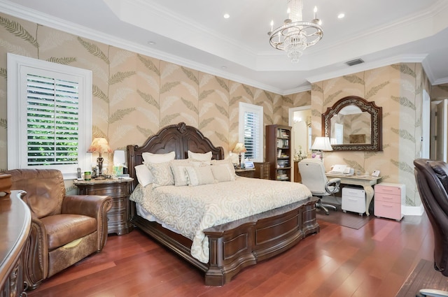 2409 NE 12th St, Fort Lauderdale, FL 33304 - bedroom with multiple windows, a notable chandelier, dark wood-type flooring, and wallpapered walls