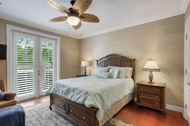 2409 NE 12th St, Fort Lauderdale, FL 33304 - bedroom with dark wood-type flooring, wallpapered walls, baseboards, and access to outside