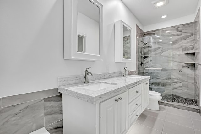 3216 W Community Dr, Jupiter, FL 33458 - full bathroom with toilet, a marble finish shower, double vanity, tile patterned floors, and recessed lighting