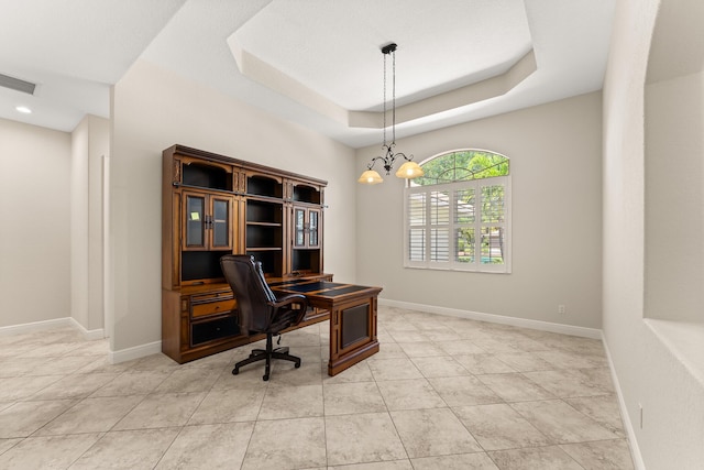tiled office featuring a raised ceiling, visible vents, baseboards, and a notable chandelier