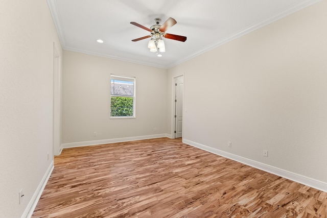 spare room featuring recessed lighting, light wood-type flooring, ceiling fan, and ornamental molding